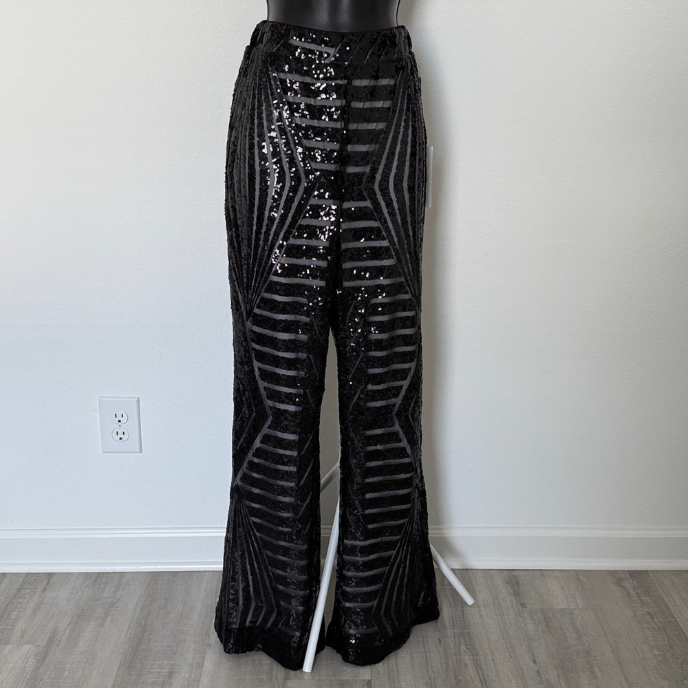 Black Sequin Striped Wide-Leg Pants
